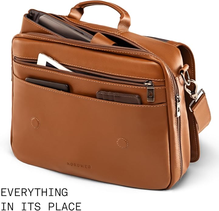 Nordweg Workday Briefcase NW053B – Full-Grain Leather Laptop Bag 15.6" – Office Shoulder Messenger for Work, Study, Travel