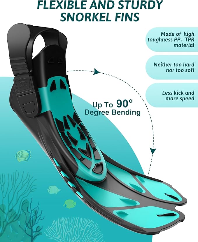 Snorkeling Gear for Kids Teens, Full Face Snorkel Mask & Adjustable Swim Fins Snorkel Set, Panoramic View Snorkel Mask with Dry Top System & Gear Bag, Anti-Fog Anti-Leak