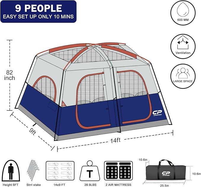 CAMPROS CP Camping Tent 10 Person Family Cabin Tent, 2 Room Water Resistant Waterproof Tent with Top Rainfly, 4 Large Mesh Windows, Double Layer, Easy Set Up, Portable with Carry Bag, 16ft x 9ft x72in