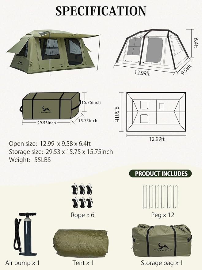 MC TOMOUNT 6/8/10 Person Large Family Camping Tent, Inflatable Tent for Camping with 2 Doors 4 Windows 2 Skylights, Double Layer Waterproof Glamping Blow Up Tent for Outdoor Camping Picnic Party
