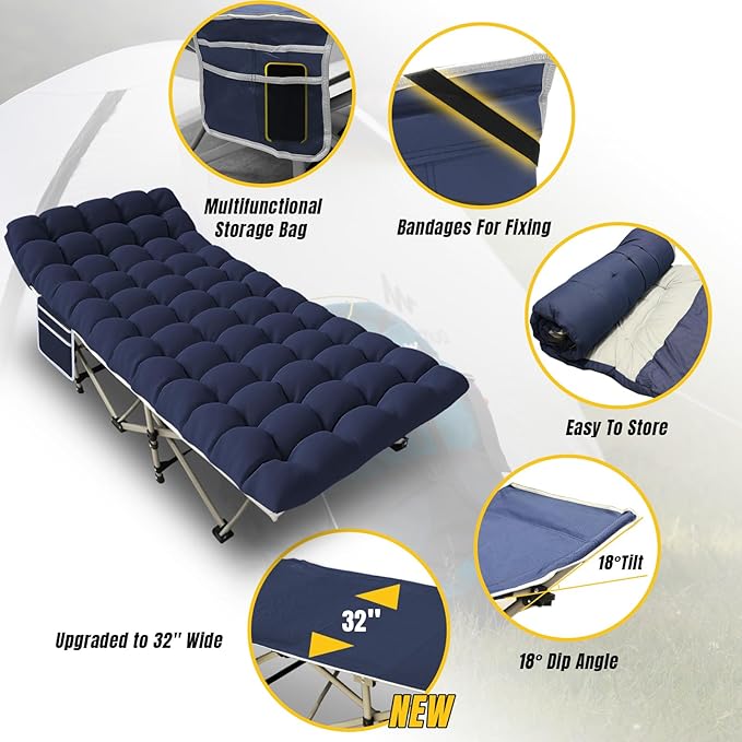 YELLOW JACKET Folding Camping Cot with Mattress, Upgraded 32" Wide Cot for Camping, Folding Sleeping Cot with Carry Bag, Camping Cots for Adults Idea for Home, Office & Travel (Blue)