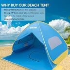 2 Seconds Easy Setup Pop Up Beach Tent for 2-3 Persons,UPF 50+ Thicker Oxford Fabric,Steel Wire Frame,Superb Windproof Sun Shelter,Lightweight Beach Cabana with Handy Carry Bag
