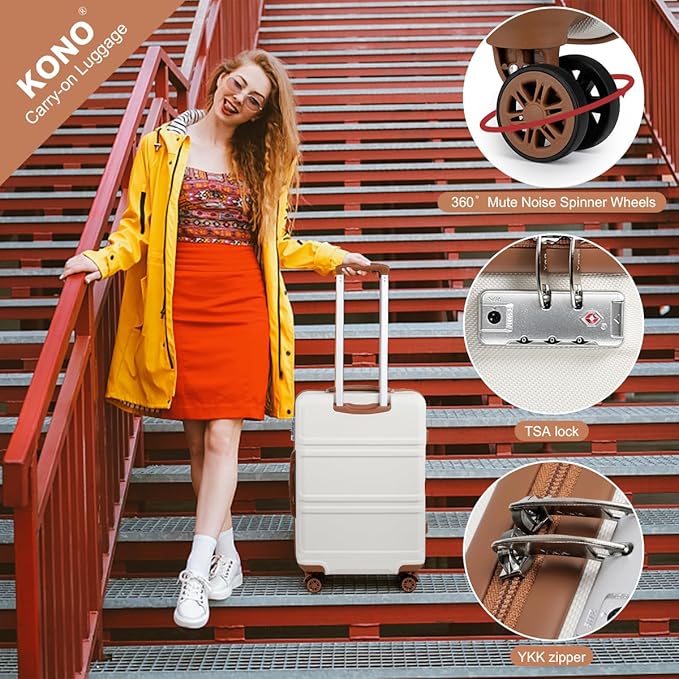 Kono Luggage Set 4 Piece Carry On Hardside Luggage with TSA Lock Spinner Wheels Carry On Suitcase Cream White