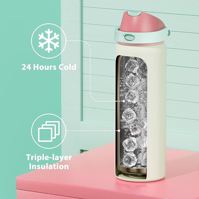 32 oz Insulated Water Bottle with Straw: Meoky Stainless Steel Metal Water Bottle with 2-in-1 Lid - Leak Proof, Cold for 24 Hours, Protective Silicone Base, BPA-Free for Sports Gym, Cream
