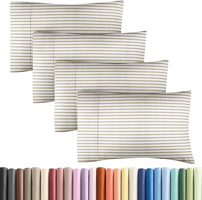 Pillowcases - Ultra Soft Hotel Quality Pillowcase Covers - Comfy, Cozy & Wrinkle Free - Shrinkage and Fade Resistant - Machine Washable Pillow Protectors - (King, Beige Stripes 2, 4 Piece Set)