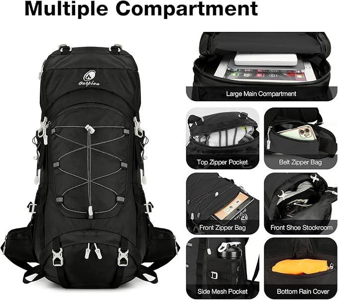 60L Waterproof Backpacking Hiking Backpack with Rain Cover for Men, Large Camping Backpack, Black