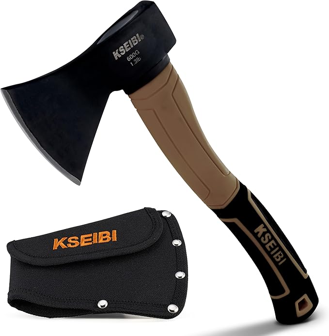KSEIBI Outdoor Camping Hatchet with Sheath for Splitting and Kindling Wood, Forged Steel Blade with Anti-Slip and Shock Reduction Handle Great Throwing Axes and Hatchets (Tuscan Brown)