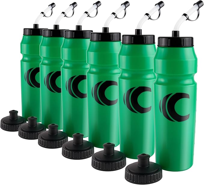 Cannon Sports 1 Liter Sports Water Bottle, BPA-Free, 34 Oz Capacity, Large Mouth, 2 lids (Straw and Squeeze), Great For Helmet Sports Such As Hockey, Lacrosse, Football, Boxing (6 Pack) (Green)