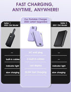 Portable Charger, 12000mAh 22.5W USB C Fast Charging Power Bank with Built-in Cables and AC Wall Plug, Smart LED Display Travel Essentials Battery Pack Compatible with iPhone, iPad, Samsung etc Purple