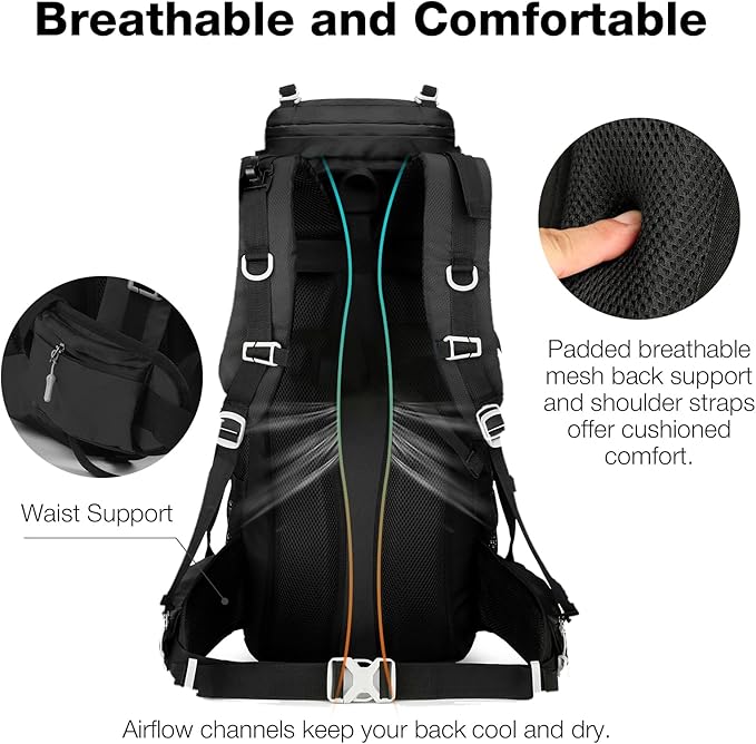 60L Waterproof Backpacking Hiking Backpack with Rain Cover for Men, Large Camping Backpack, Black
