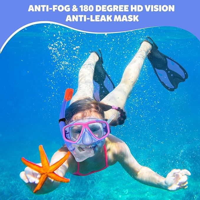 Youth Snorkel Set for Ages 7-16, Snorkeling Gear for Kids with Panoramic View Mask Anti-Fog Anti-Leak Full Dry Top Snorkel Fins Travel Bag for Swimming Diving