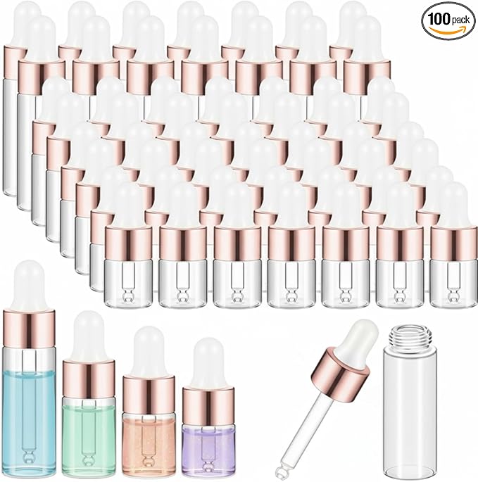 100 Pcs Mini Glass Oil Dropper Bottle Bulk, Clear Essential Small Empty Bottles Sample Containers Perfume Liquid Vials with Cap for Traveling (1ml,2ml,3ml,5ml,Rose Gold)