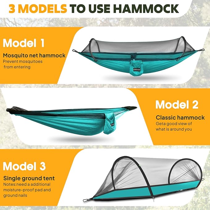 Chihee Ultra-Light Travel Camping Hammock Pop-up Net Hammock 660lbs Load Capacity,Breathable,Quick-Drying Parachute Nylon 2 Premium Carabiners,2 Tree Slings Included for Outdoor Backpacking Hiking