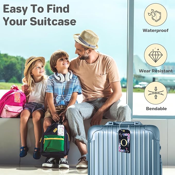 3 Pack Luxury Floral Luggage Tags, Durable PU Leather Suitcase Tags with Stainless Steel Cable Strap, Hidden ID Slot for Privacy Protection, Easy to Identify Waterproof Travel Accessories Gift (O)
