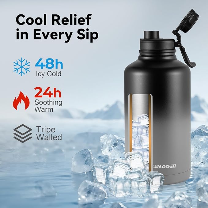 KXIAOCHEN Insulated Water Bottle, Stainless Steel Water Bottle, 2 Lids (Straw and Handle Lid),Wide Mouth Metal Water Bottles Keep Hot and Cold, Double Walled, Thermo Mug, Metal Canteen