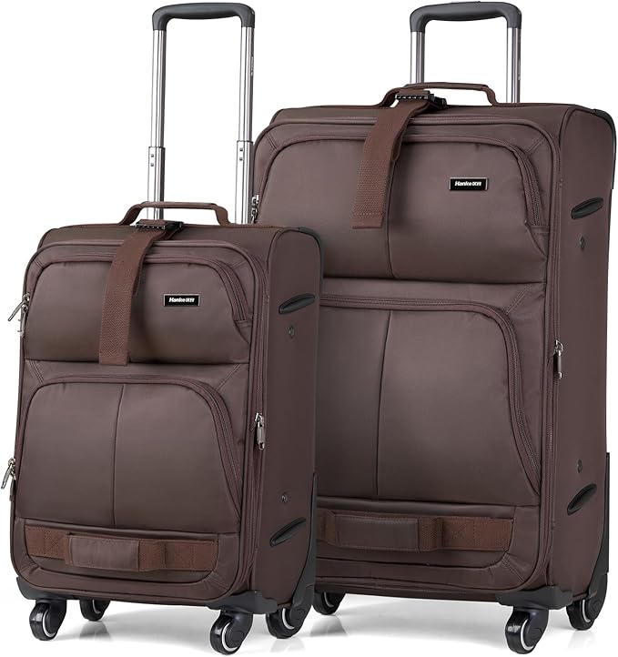 Hanke Luggage Sets 2 Piece Softside Expandable Luggage With Spinner Wheels TSA Lock,Travel Luggage Rolling Suitcase Checked Luggage Coffee(20/28)
