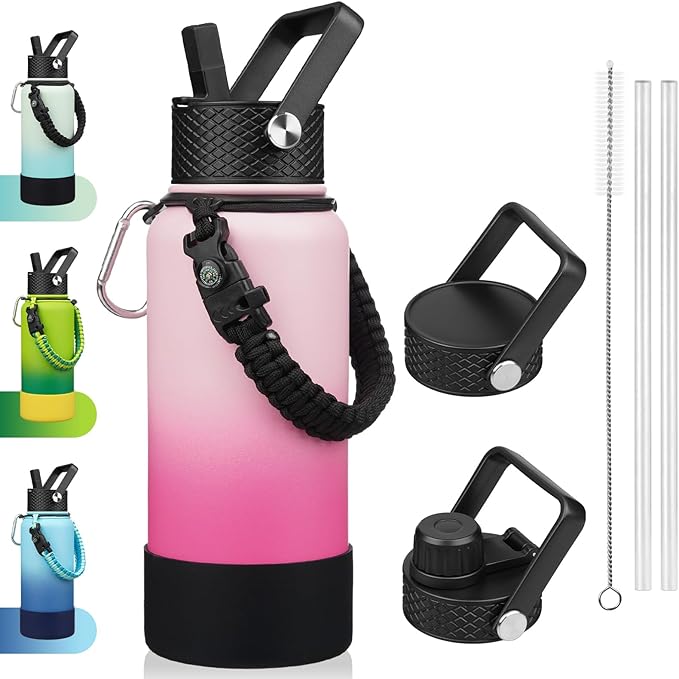 BJPKPK 32oz Insulated Water Bottles with 3 Lids, Paracord Handle & Non-slip Boot, Stainless Steel Metal Water Bottle,Reusable BPA Free Thermo, Tumblers, Cherry