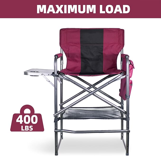 30" Tall Directors Chair with Side Table, 400LBS Bar Height Folding Camping Chair for Makeup Artists, Outdoor Events, Portable Foldable Chair with Cup Holder & footrest - Light Wine Red