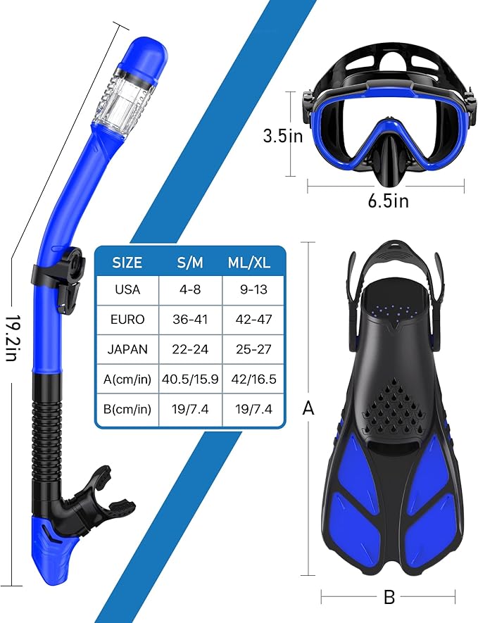 Snorkeling Gear for Adults Men Women,4 in 1 Snorkel Set with Panoramic View Diving Mask Anti-Fog Anti-Leak,Dry Top Snorkel,Fins and Travel Bag for Swimming,Snorkeling and Travel Diving