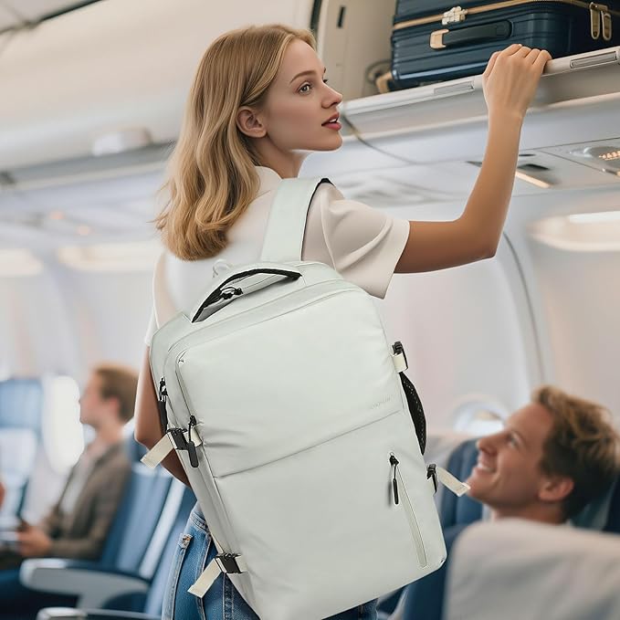 Lay Flat Carry on Travel Backpack, 30L Airline Approved, Fits 16" Laptop, USB-C & USB-A, Water Resistant, Beige