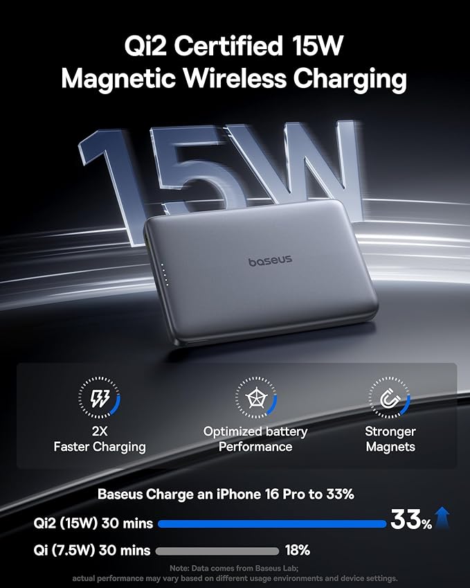 Baseus Picogo Magsafe Portable Charger, Qi2 15W 0.5" Ultra Slim 10000mAh Wireless Power Bank, Bundle with Power Bank Fast Charging 67W, 10000mAh Small Portable Charger Built-in Dual USB C Cable