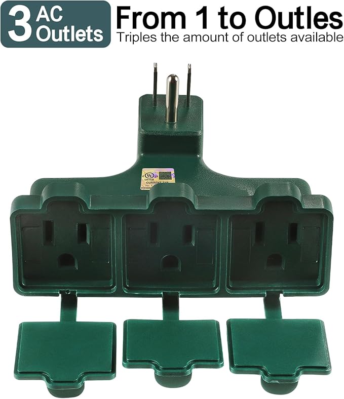 3 Outlet Outdoor Wall Adapter, UL Listed 3-Prong Grounded Outlet Splitter, Weatherproof Heavy Duty Multi Outlet Power Plug Extender with Dust-Proof Cover, Green (1 Pack)