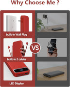 12000mAh Lightweight-Portable-Charger-Power-Bank with Built-in Cables and AC Wall Plug, PD20W USB-C Fast Charging Battery Pack, LED Display External Travel Phone Charger for All iPhone,Samsung,Android