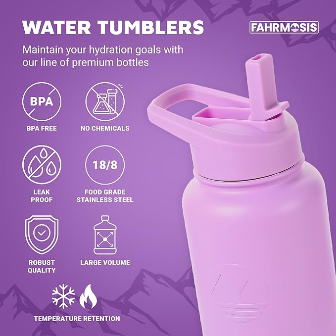 40 Oz Water Bottle with Straw Stainless Steel Sports Water Bottle with 3 Lids (Straw, Chug and Flip Lid) Insulated Leak Proof Metal Jug for Men & Women - Lavender