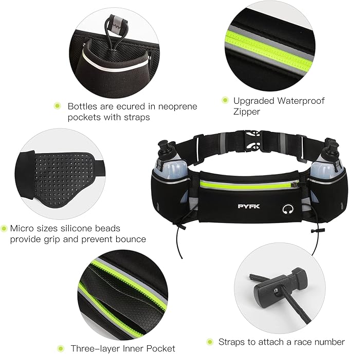PYFK Running Belt with Water Bottles, Hydration Belt for Men and Women, Water Bottle Holder Running Pouch Water Belt, Fanny Pack Fits 7 inches Phones, Waist pack for Runner Jogging