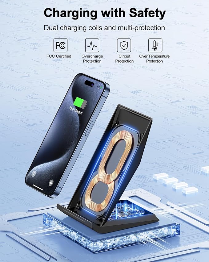 Fast Wireless Charger, NANAMI 15W Qi Certified Wireless Charging Stand Compatible iPhone 17/17 Air/16/15/15 Pro/15 Plus/15 Pro Max/14/13/12, for Samsung Galaxy S25/S24/S23/S22/S21 and Qi-Enabled Phone