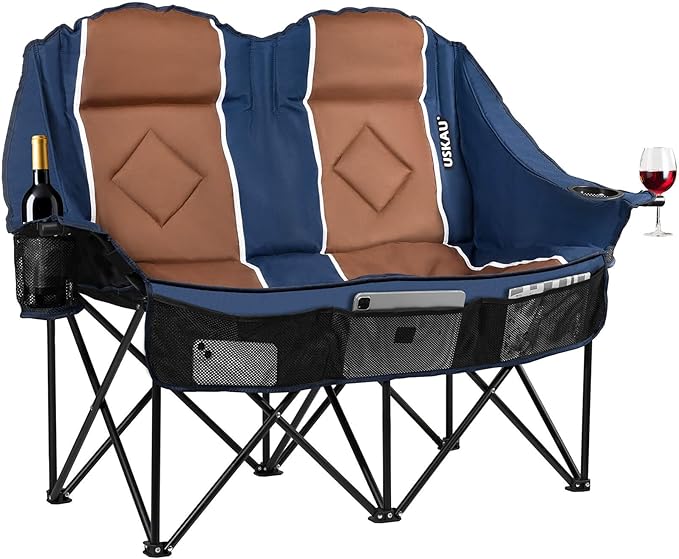 Double Camping Chair for Adults Oversized 2 Person Loveseat Chair for Heavy People, Folding Padded Outdoor Seat with Cup Holders & Carry Bag, 660 lbs Capacity, for Camping, Sports, Backyard