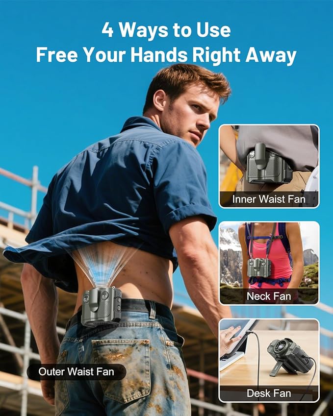 BLAVOR Portable Waist Fan, 5 Speeds Rechargeable Fan with Bluetooth Speaker & Flashlight, 40H Runtime, 16000RPM Strong Airflow, Personal Cool Clip Fans Under Shirt Belt for Outdoor, Work, Camping