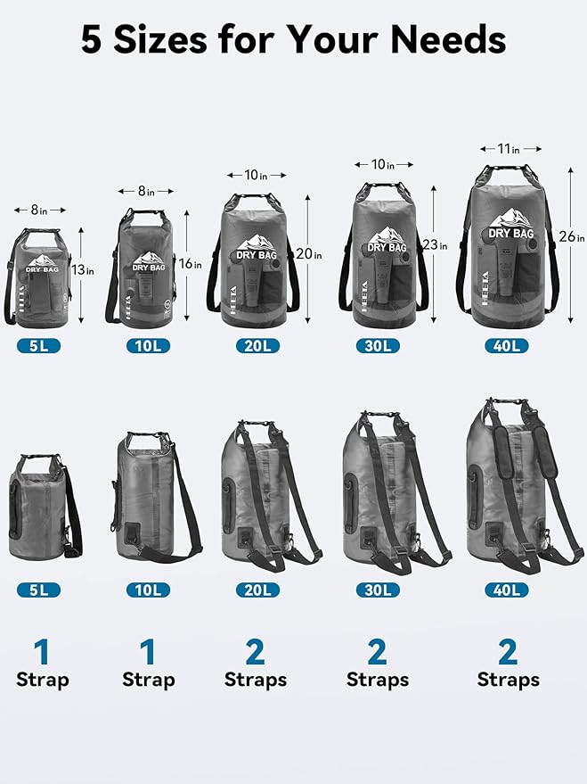 HEETA Dry Bag Waterproof for Women Men, 5L/10L/20L/30L/40L Roll Top Lightweight Dry Storage Bag Backpack with Phone Case for Travel Swimming Boating Kayaking Paddle Board Camping Beach Accessories