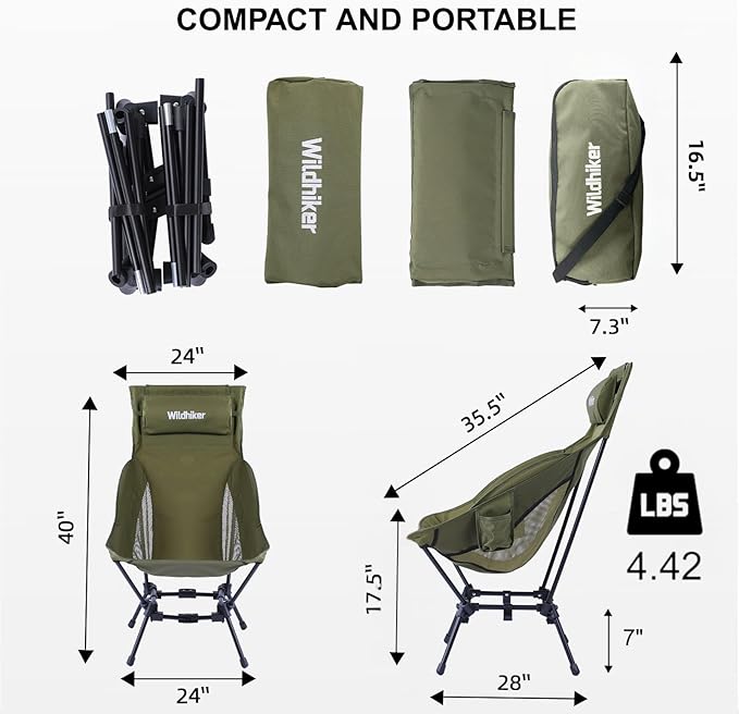 Wildhiker Portable High Back Folding Camping Chairs – Compact with Dual Sitting Modes, Pillow, Arm Pads and Side Pockets – Lightweight Chair for Motorcycle, RV, Festival, Travel – Green