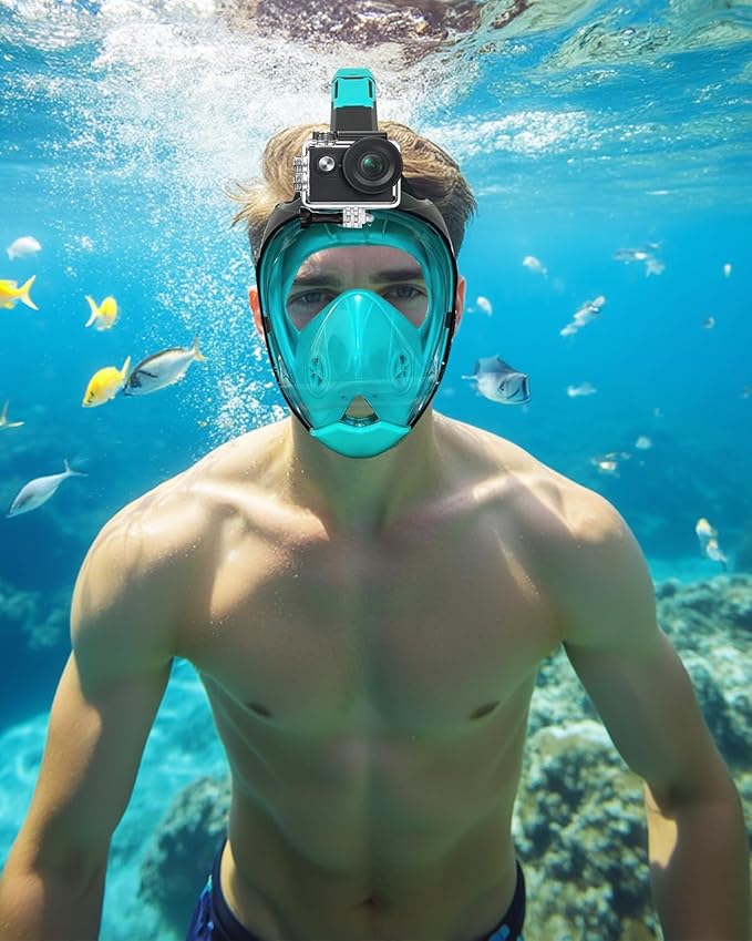 Full Face Snorkel Mask for Adults with Dry Top System 180 Degree Panoramic View Snorkeling Gear with Camera Mount Safe Breathing Anti-Leak Anti-Fog