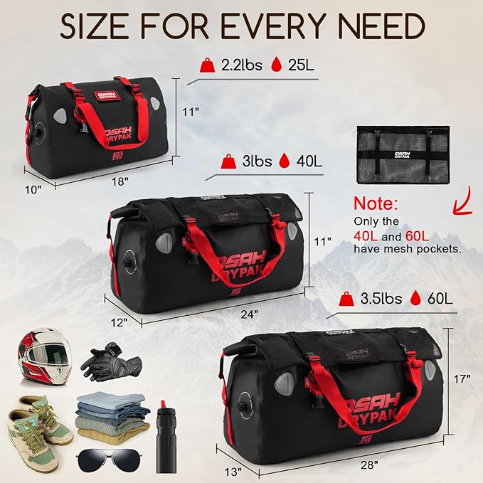 Waterproof Duffel Bag - Motorcycle Dry Bag Tail Bag with Large Storage Space, Waterproof Luggage Duffle Bags with Outer Mesh Zipper Pocket for Camping, Kayaking, Fishing & Traveling
