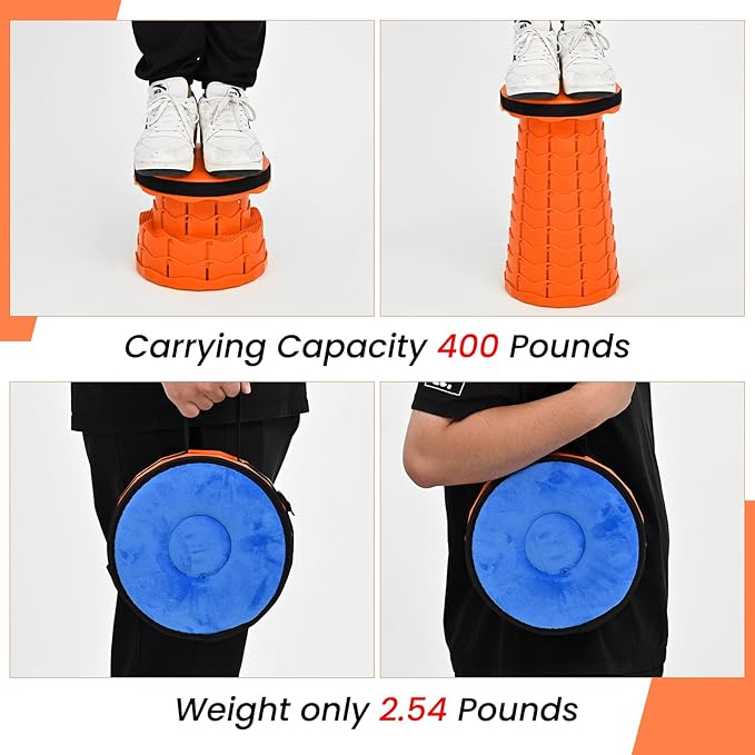 2 Pack Upgraded Collapsible Stool Folding Stool with Cushion,Retractable Folding Stool Max Load Capacity 400lbs, Portable Telescoping Stools for Camping Hiking Outdoor BBQ -Orange