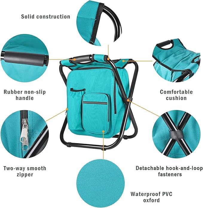 Kikerike Backpack Stool Cooler Chair Heavy Duty 400 LBS Max Load Portable Lightweight Stool Backpack Folding Fishing Cooler Seat for Camping Hunting Fishing - Blue-Green