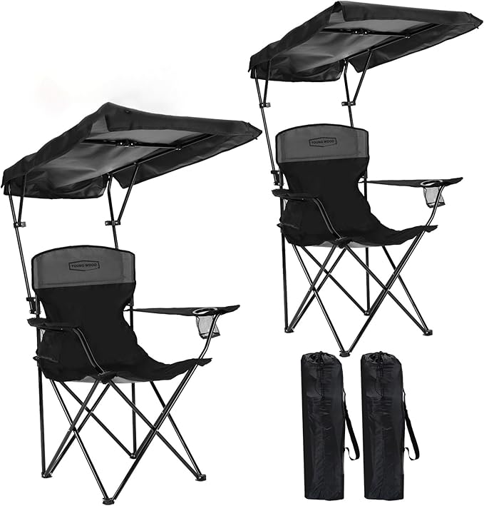 YOUNG WOOD Portable Camping Chair Beach Chair with Shade Canopy, Fold Lightweight Oversized for All, Easy to Open and Close Without Installation, Side Pocket Design for All Outdoor Activities,Black,2p