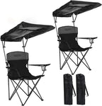 YOUNG WOOD Portable Camping Chair Beach Chair with Shade Canopy, Fold Lightweight Oversized for All, Easy to Open and Close Without Installation, Side Pocket Design for All Outdoor Activities,Black,2p
