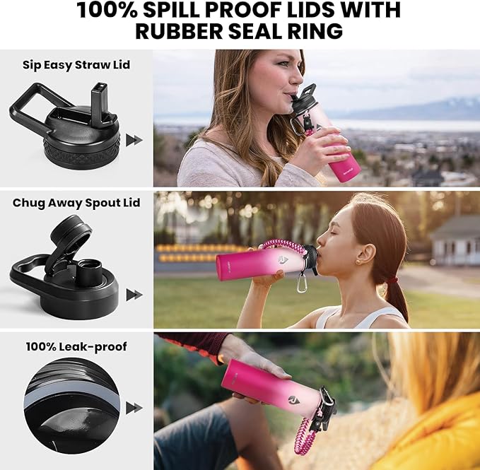 Insulated Water Bottle 24oz, Triple Wall Vacuum Stainless Steel (Cold for 48 Hrs, Hot for 24Hrs), Leak Proof & Non-BPA, 24oz Hydro Water Flask with Paracord Handle & Straw Spout Lids