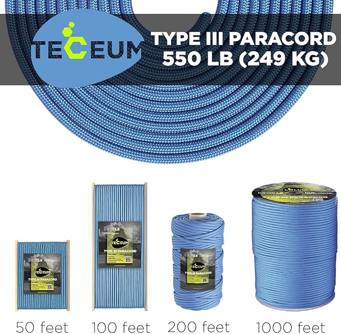 TECEUM 5/32" Paracord Rope 1000 – 1000ft / 200ft / 100ft / 50ft – Tactical Parachute Cord 4mm – 45+ Colors – Nylon String for Survival & Camping Gear – Stripe Cord for Survival – Utility Rope