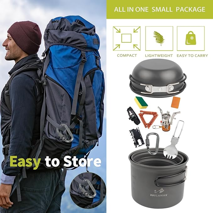 Camping Cookware Mess Kit, 17 pcs Backpacking Cooking Gear, Lightweight Camping Pots and Stove Set for 3 Person, Outdoor Cooking Gear Ideal for Camping, Hiking, Backpacking and Picnic