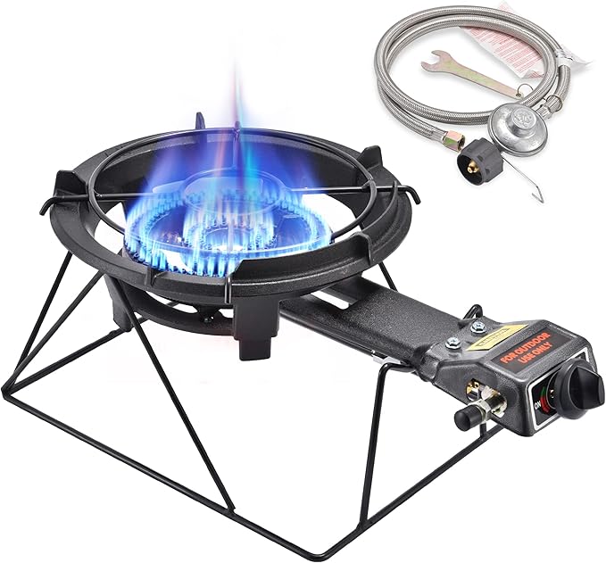 ARC Outdoor Propane Burner Stove, 13" Single Cast Iron Portable With Sturdy Stand, Adjustable Regulator, Stainless Steel Hose - Perfect for Outdoor Wok