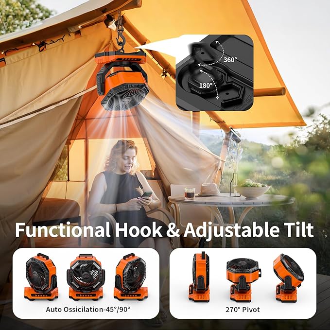 Socool 40000mAh Camping Fan Rechargeable, Battery Operated Portable Outdoor Fan Remote, 136Hrs & 4-Speed Cordless Oscillating, Table Fan with Light & Timer for Tent RV Jobsite Hurricane Power Outage