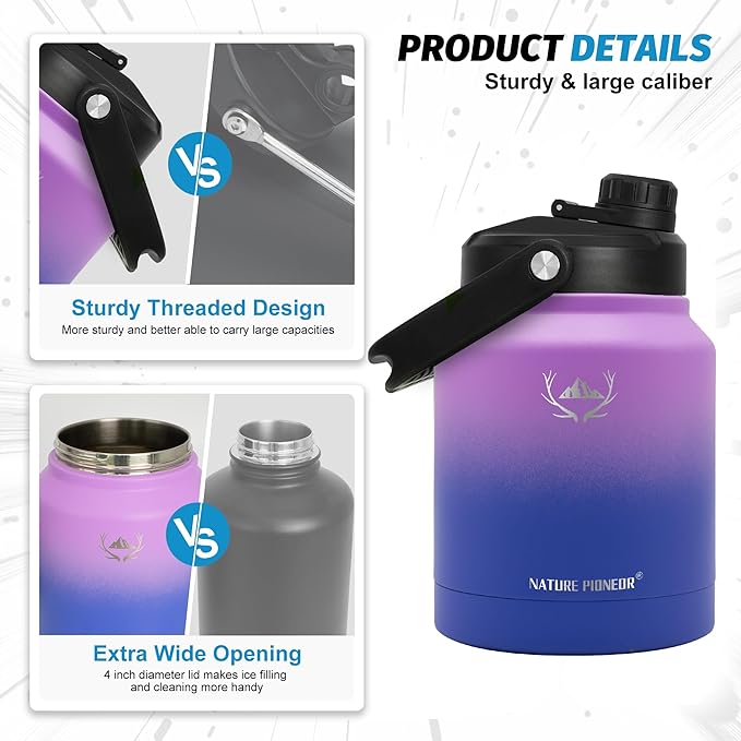 NATURE PIONEOR Insulated Water Bottles with Strap Pouch - 84 oz Stainless Steel Vacuum Bottle with Holder/Carrier/Sleeve - 18/8 Food Grade 84oz Water Jug