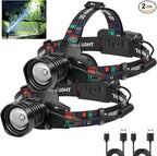 azamine Rechargeable Headlamp Super Bright 99000 Lumens, 2Pack LED Head Lamp with 3 Modes, 90° Adjustable Head Lights for Forehead, IPX6 Waterproof HeadLamps for Adults Camping Hunting Hiking