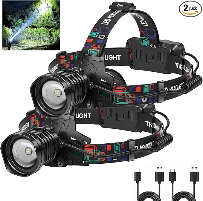 azamine Rechargeable Headlamp Super Bright 99000 Lumens, 2Pack LED Head Lamp with 3 Modes, 90° Adjustable Head Lights for Forehead, IPX6 Waterproof HeadLamps for Adults Camping Hunting Hiking