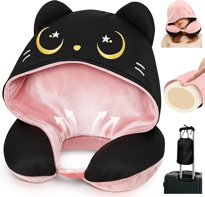 Mewaii Travel Neck Pillow with Hood for Airplanes,Memory Foam,Breathable Ice Silk & Soft Velvet,Double-Sided,Removable to Clean,Adjustable Strap,Portable Travel Pillow for Long Flights Adults & Teens