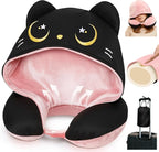 Mewaii Travel Neck Pillow with Hood for Airplanes,Memory Foam,Breathable Ice Silk & Soft Velvet,Double-Sided,Removable to Clean,Adjustable Strap,Portable Travel Pillow for Long Flights Adults & Teens